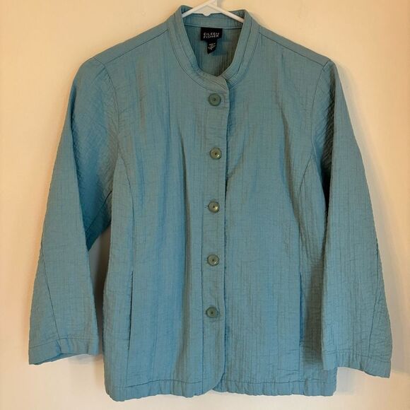 Eileen Fisher Women’s Cropped Blazer Turquoise knit Mandarin Collar size small! - Picture 1 of 10